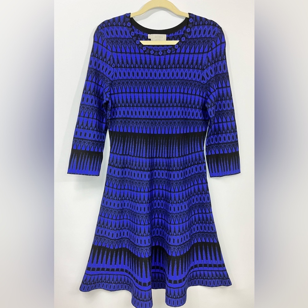HOBBS Women’s Joelle 3/4” Sleeve Scoop Neck Geometric Print A-Line Dress Blue 8